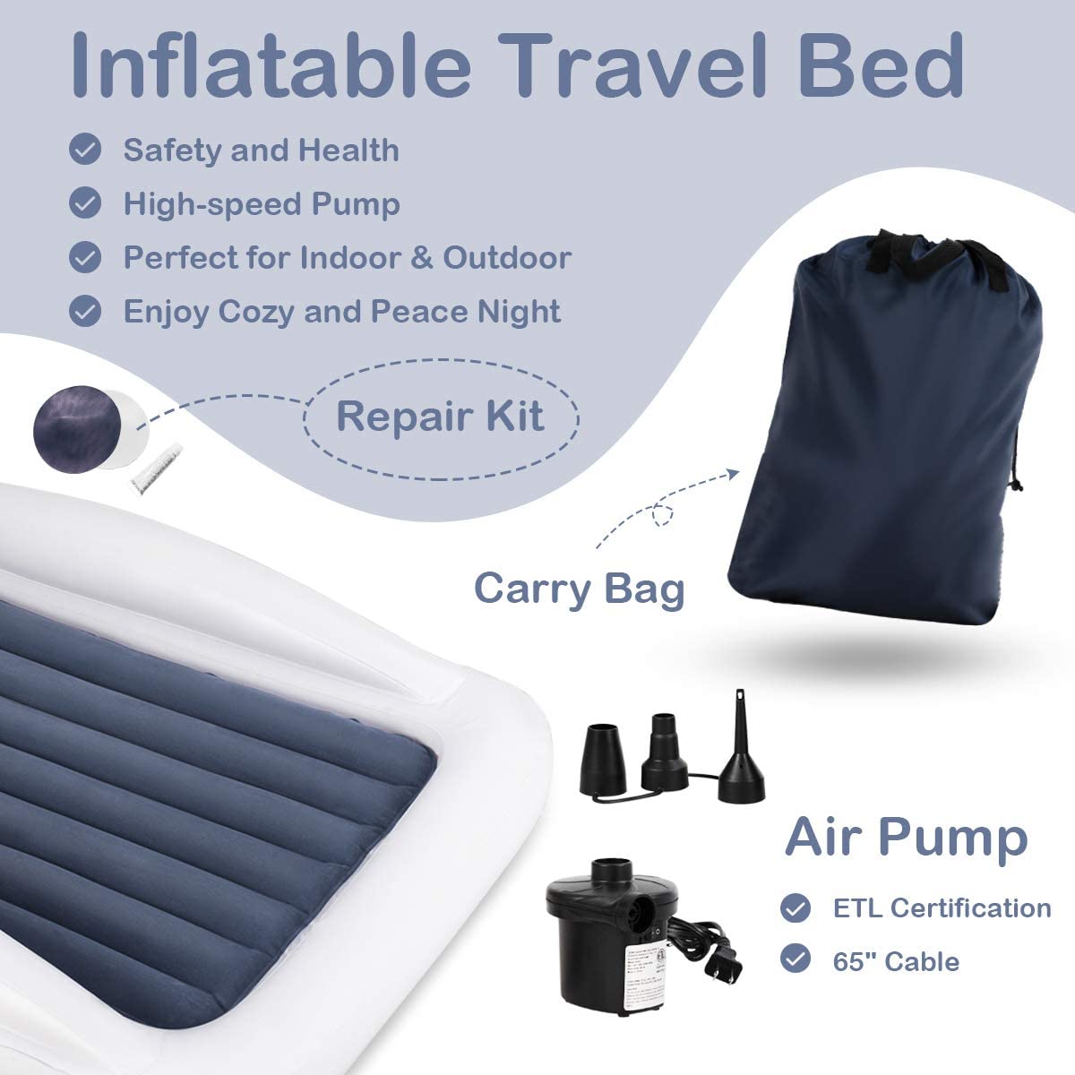 Costzon Inflatable Toddler Travel Bed with Safety Bumper, Detachable Air Inflatable Mattress Including Fast Electric Air Pump