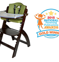 Abiie Beyond Wooden High Chair with Tray. The Perfect Adjustable Baby Highchair Solution (Mahogany Wood - Green Cushion)
