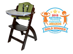 Abiie Beyond Wooden High Chair with Tray. The Perfect Adjustable Baby Highchair Solution (Mahogany Wood - Green Cushion)