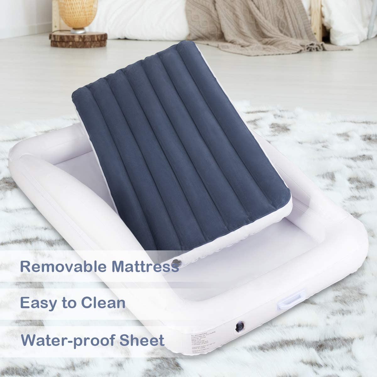 Costzon Inflatable Toddler Travel Bed with Safety Bumper, Detachable Air Inflatable Mattress Including Fast Electric Air Pump