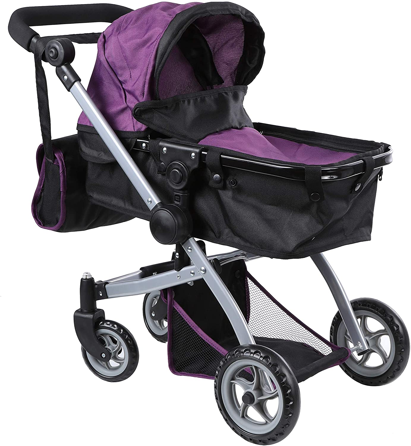 Babyboo Deluxe Doll Pram Color Purple & Black with Swiveling Wheels Stroller with Carriage Bag - 9651B PRP