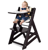 Costzon Wooden High Chair, Baby Dining Chair with Adjustable Height, Removable Tray, 5-Point Safety Harness