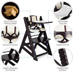 Costzon Wooden High Chair, Baby Dining Chair with Adjustable Height, Removable Tray, 5-Point Safety Harness