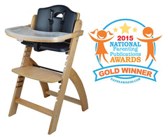 Abiie Beyond Wooden High Chair with Tray. The Perfect Adjustable Baby Highchair Solution (Natural Wood - Black Cushion)