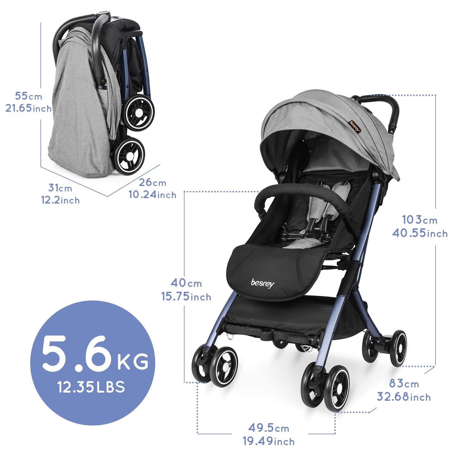 besrey Baby Stroller Lightweight Easy Fold Compact Travel Stroller Gray