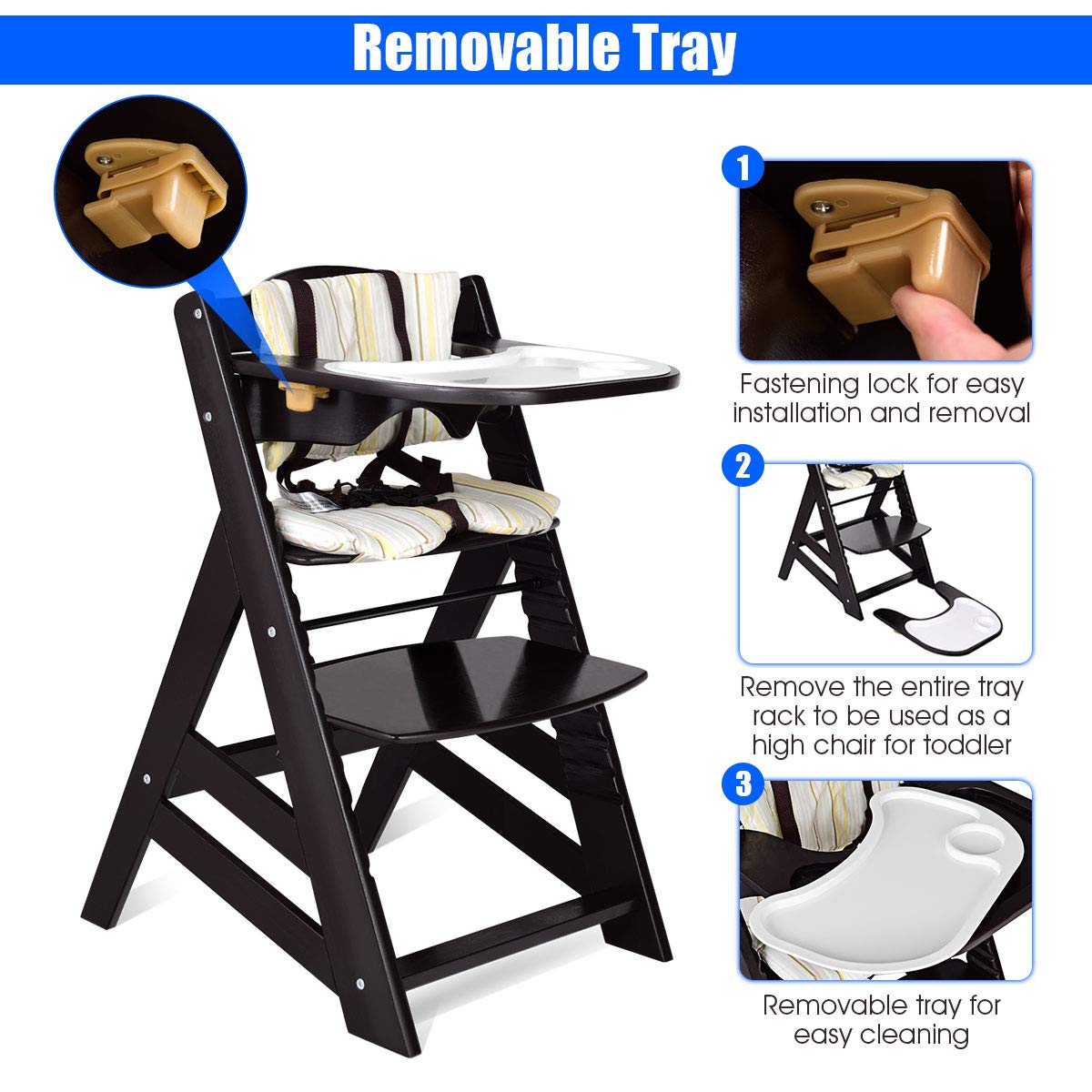 Costzon Wooden High Chair, Baby Dining Chair with Adjustable Height, Removable Tray, 5-Point Safety Harness