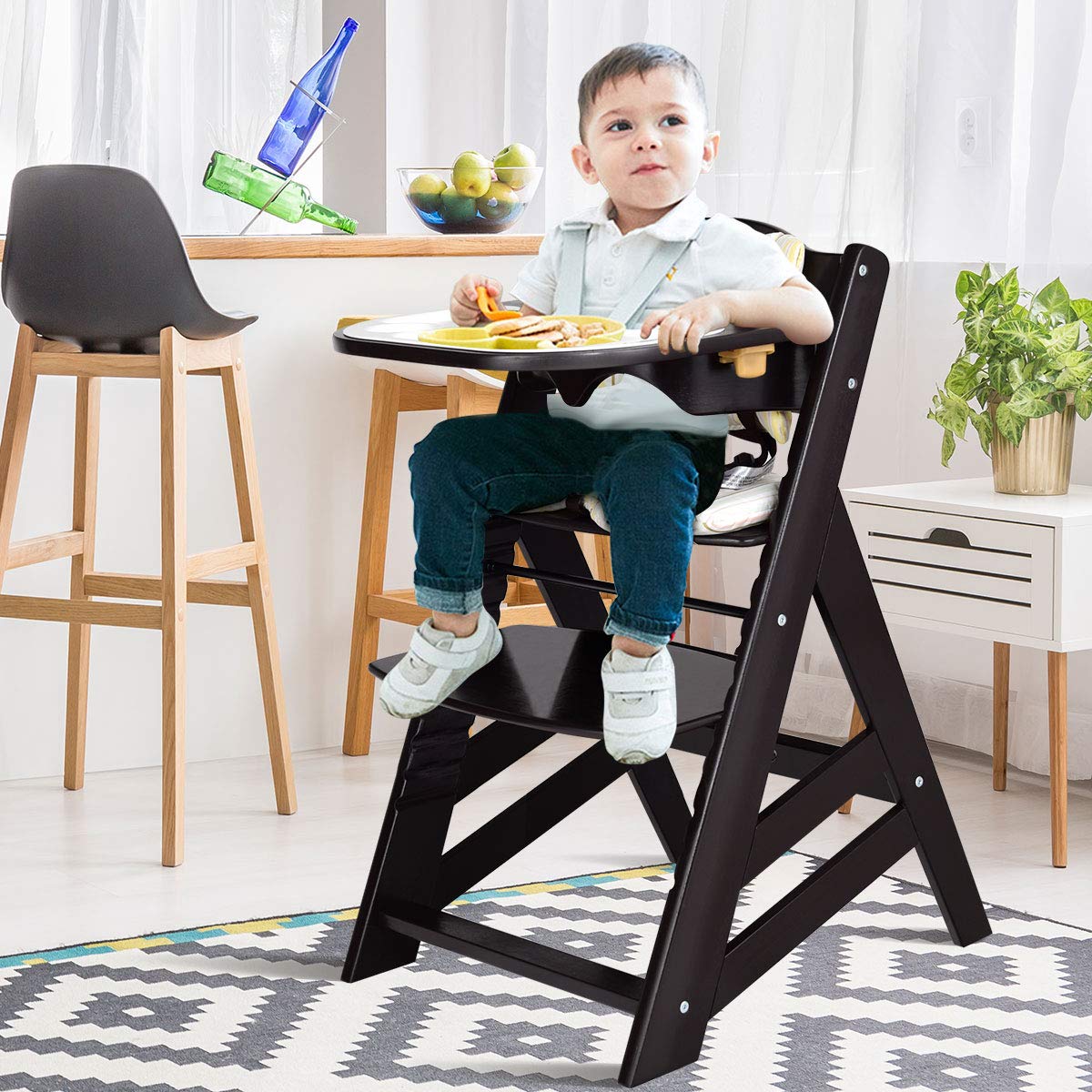 Costzon Wooden High Chair, Baby Dining Chair with Adjustable Height, Removable Tray, 5-Point Safety Harness