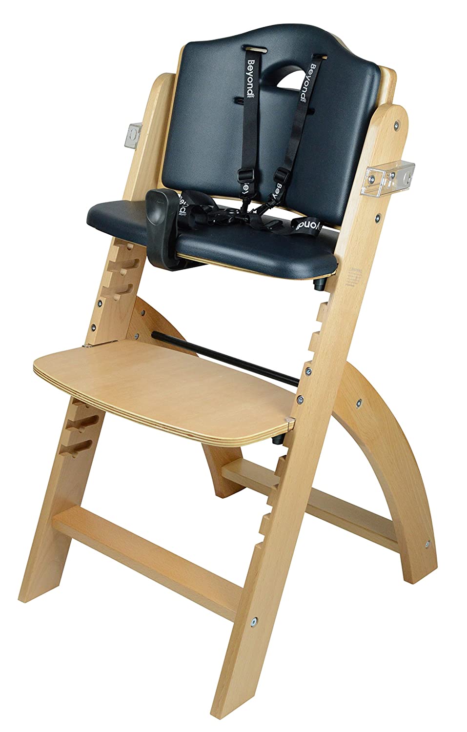 Abiie Beyond Wooden High Chair with Tray. The Perfect Adjustable Baby Highchair Solution (Natural Wood - Black Cushion)