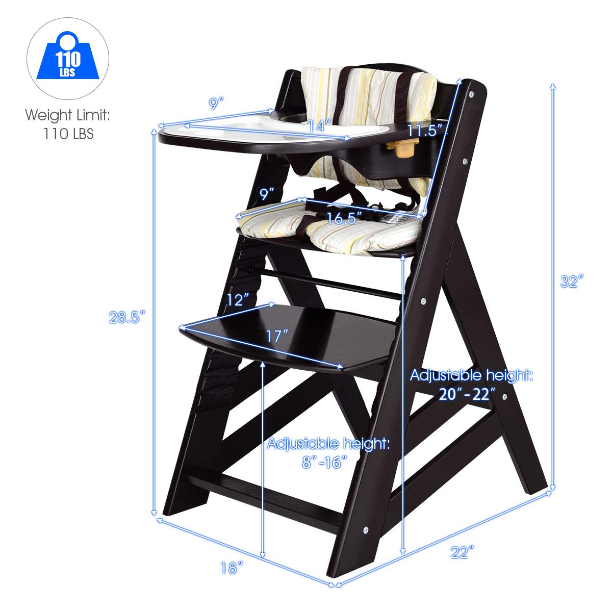 Costzon Wooden High Chair, Baby Dining Chair with Adjustable Height, Removable Tray, 5-Point Safety Harness