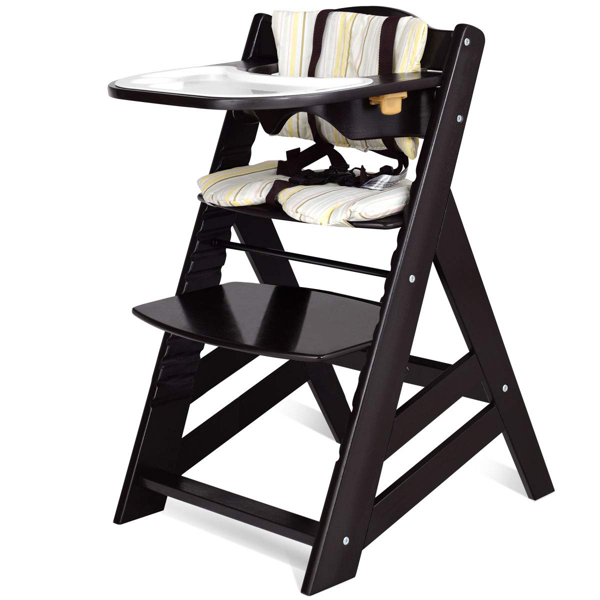 Costzon Wooden High Chair, Baby Dining Chair with Adjustable Height, Removable Tray, 5-Point Safety Harness