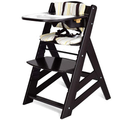 Costzon Wooden High Chair, Baby Dining Chair with Adjustable Height, Removable Tray, 5-Point Safety Harness