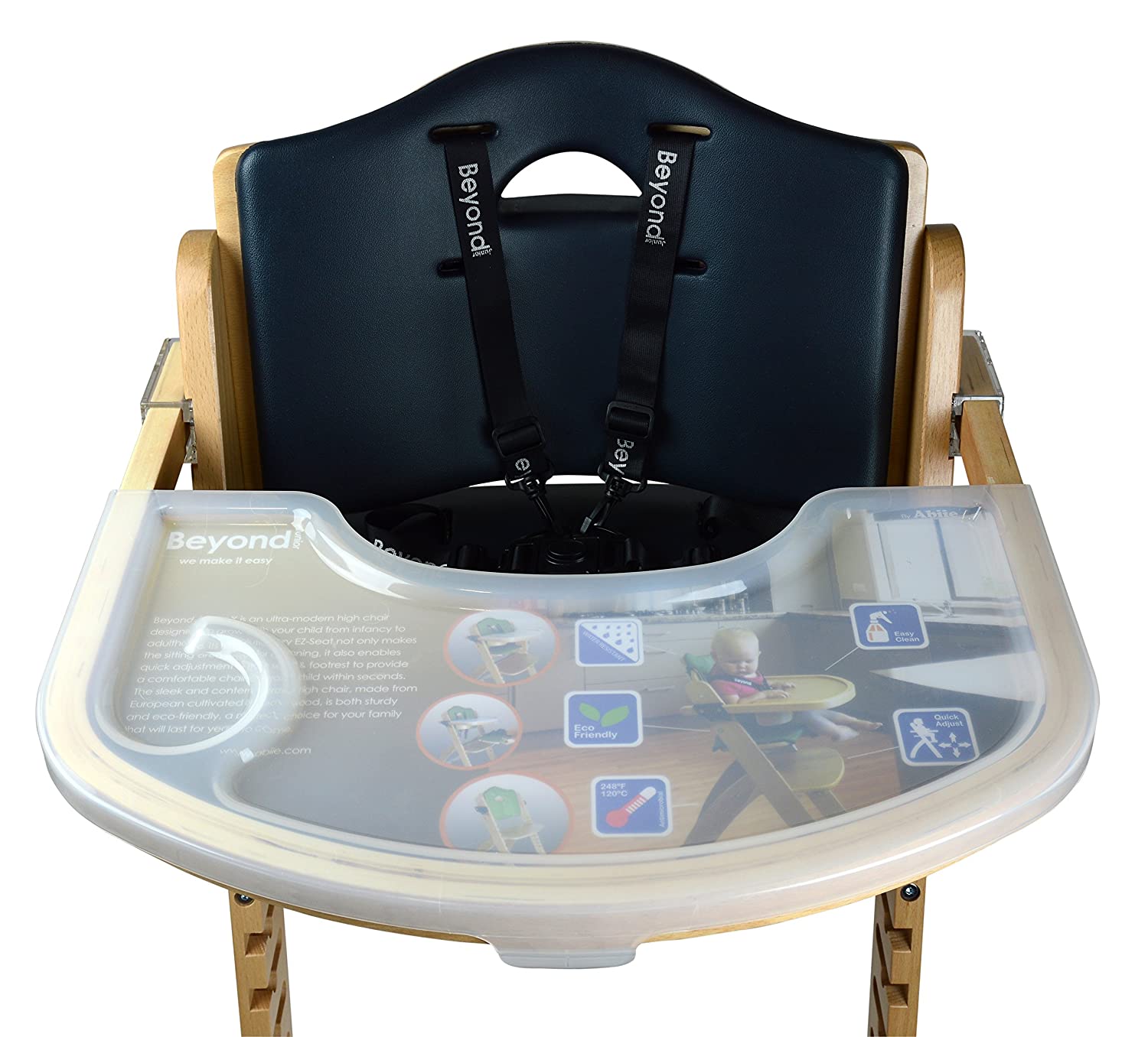 Abiie Beyond Wooden High Chair with Tray. The Perfect Adjustable Baby Highchair Solution (Natural Wood - Black Cushion)