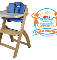 Abiie Beyond Wooden High Chair with Tray. The Perfect Adjustable Baby Highchair Solution (Natural Wood - Blue Cushion)