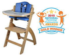 Abiie Beyond Wooden High Chair with Tray. The Perfect Adjustable Baby Highchair Solution (Natural Wood - Blue Cushion)