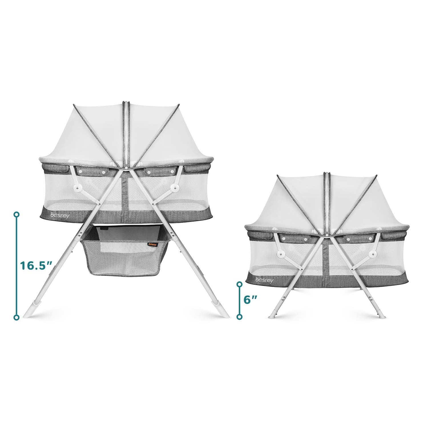 besrey Baby Bassinet 2 in 1 Lightweight Portable Baby Bed with Breathable Net/Harmless Mattress/Quick Foldable Design for up 33 lbs/ 5 Months Infant, Baby Gray