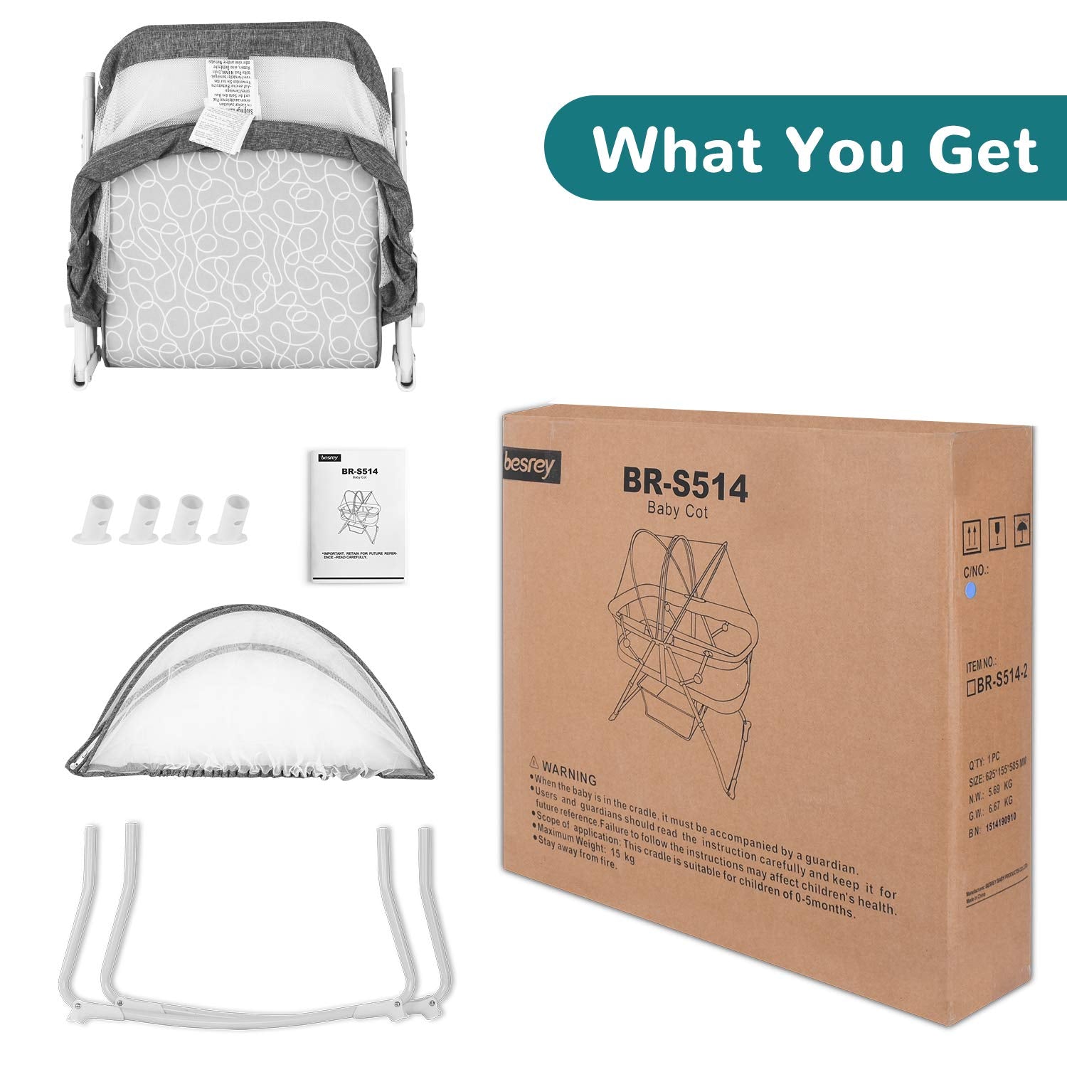 besrey Baby Bassinet 2 in 1 Lightweight Portable Baby Bed with Breathable Net/Harmless Mattress/Quick Foldable Design for up 33 lbs/ 5 Months Infant, Baby Gray