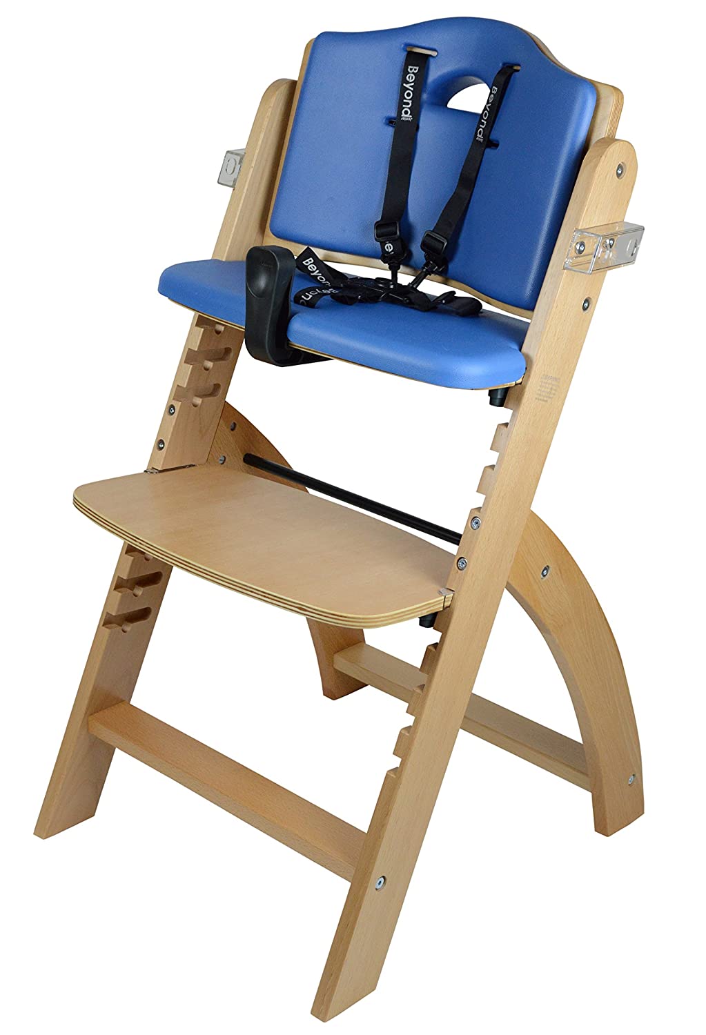 Abiie Beyond Wooden High Chair with Tray. The Perfect Adjustable Baby Highchair Solution (Natural Wood - Blue Cushion)