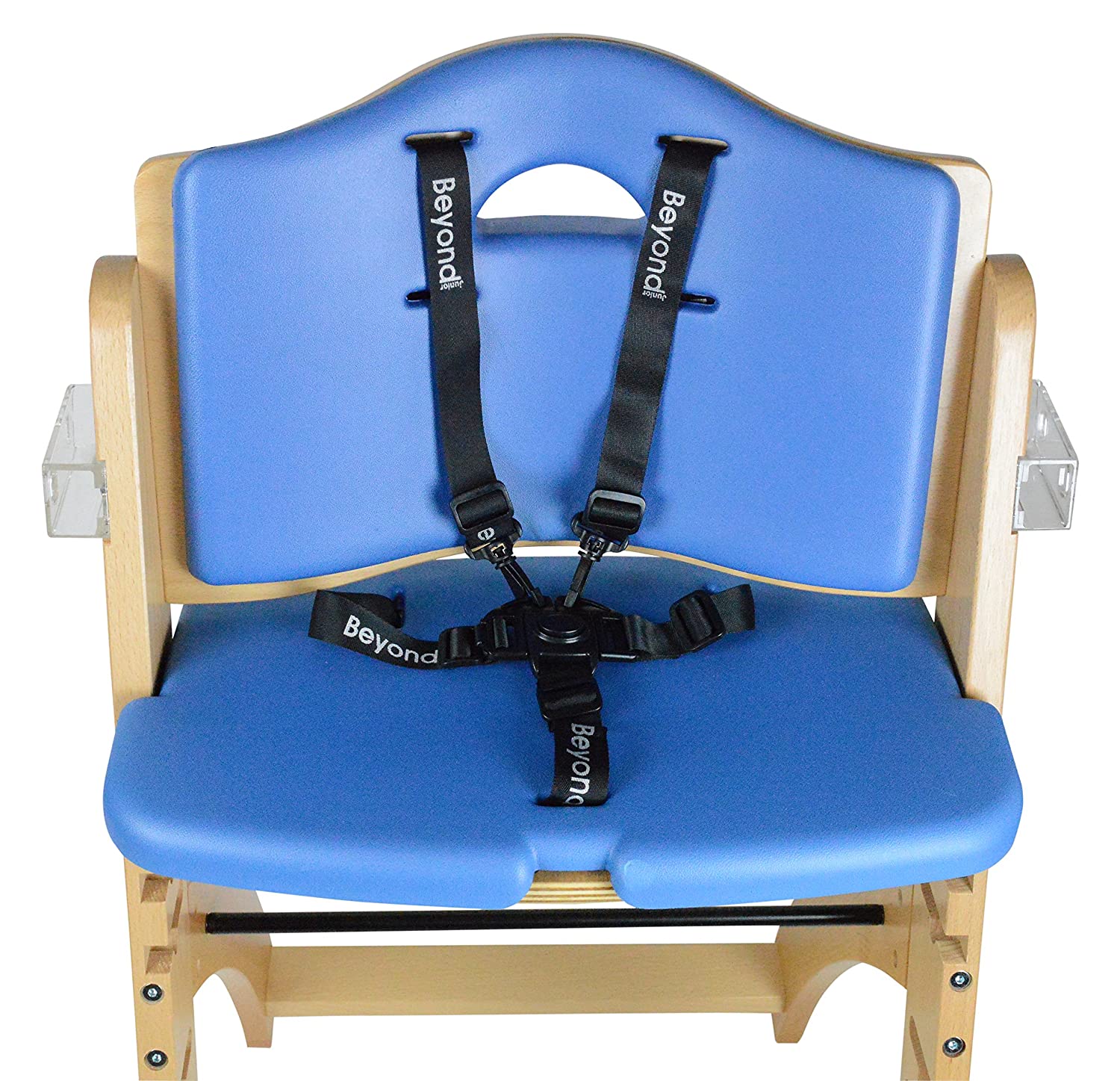 Abiie Beyond Wooden High Chair with Tray. The Perfect Adjustable Baby Highchair Solution (Natural Wood - Blue Cushion)