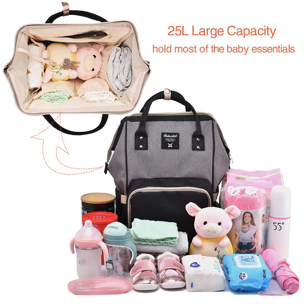 Dokoclub Diaper Bag Backpack Nappy Changing baby Bag for baby care, Pad and hook, Black&gray, Large