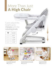 Unilove Feed Me 3-in-1 Travel Booster Seat | Adjustable with Detachable Tray, Lid and Carry Bag, 3-Way Security Safety Harness, Ergonomic & Comfortable Cushion to Support Babies and Toddlers, Grey