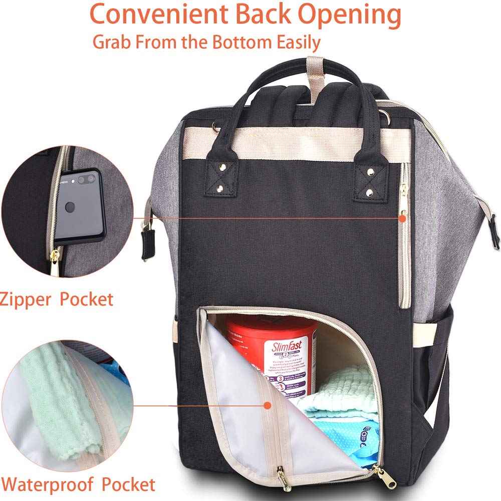 Dokoclub Diaper Bag Backpack Nappy Changing baby Bag for baby care, Pad and hook, Black&gray, Large