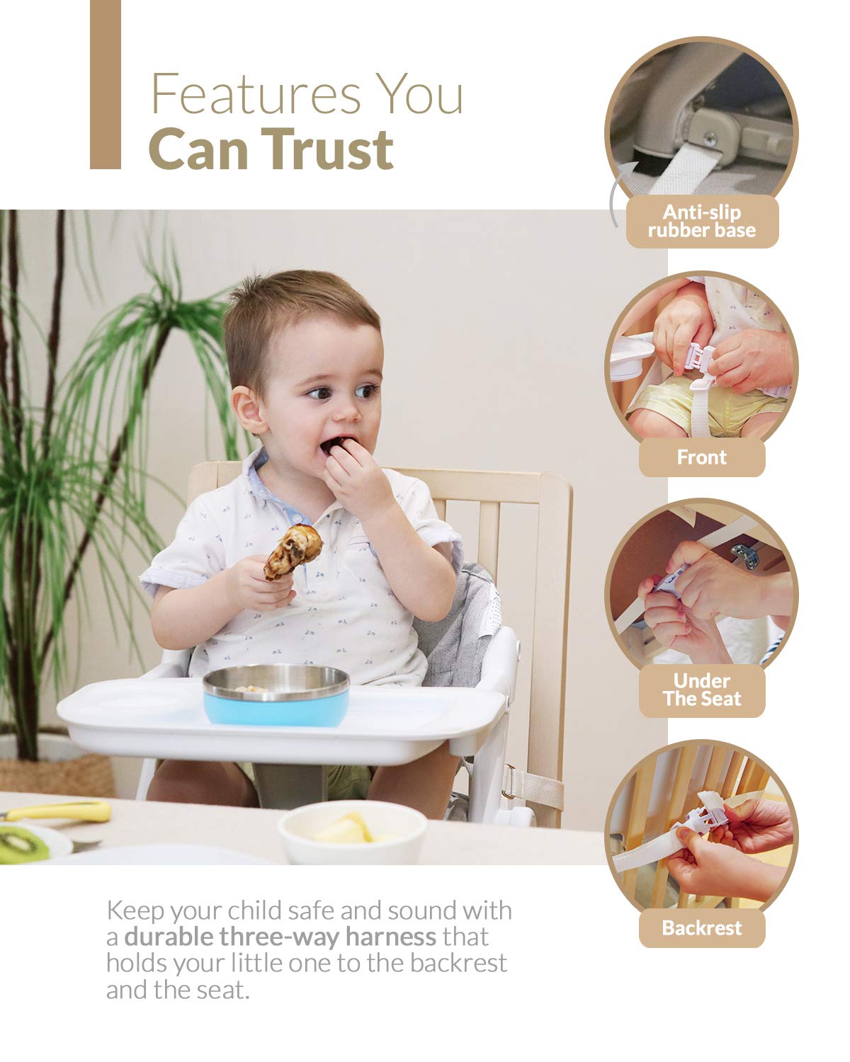 Unilove Feed Me 3-in-1 Travel Booster Seat | Adjustable with Detachable Tray, Lid and Carry Bag, 3-Way Security Safety Harness, Ergonomic & Comfortable Cushion to Support Babies and Toddlers, Grey