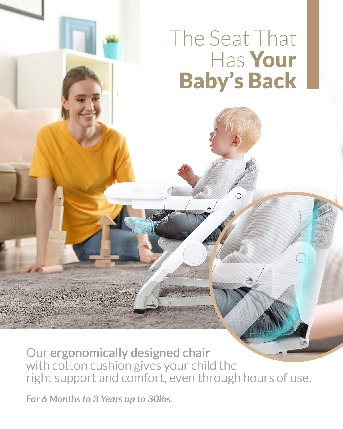 Unilove Feed Me 3-in-1 Travel Booster Seat | Adjustable with Detachable Tray, Lid and Carry Bag, 3-Way Security Safety Harness, Ergonomic & Comfortable Cushion to Support Babies and Toddlers, Grey