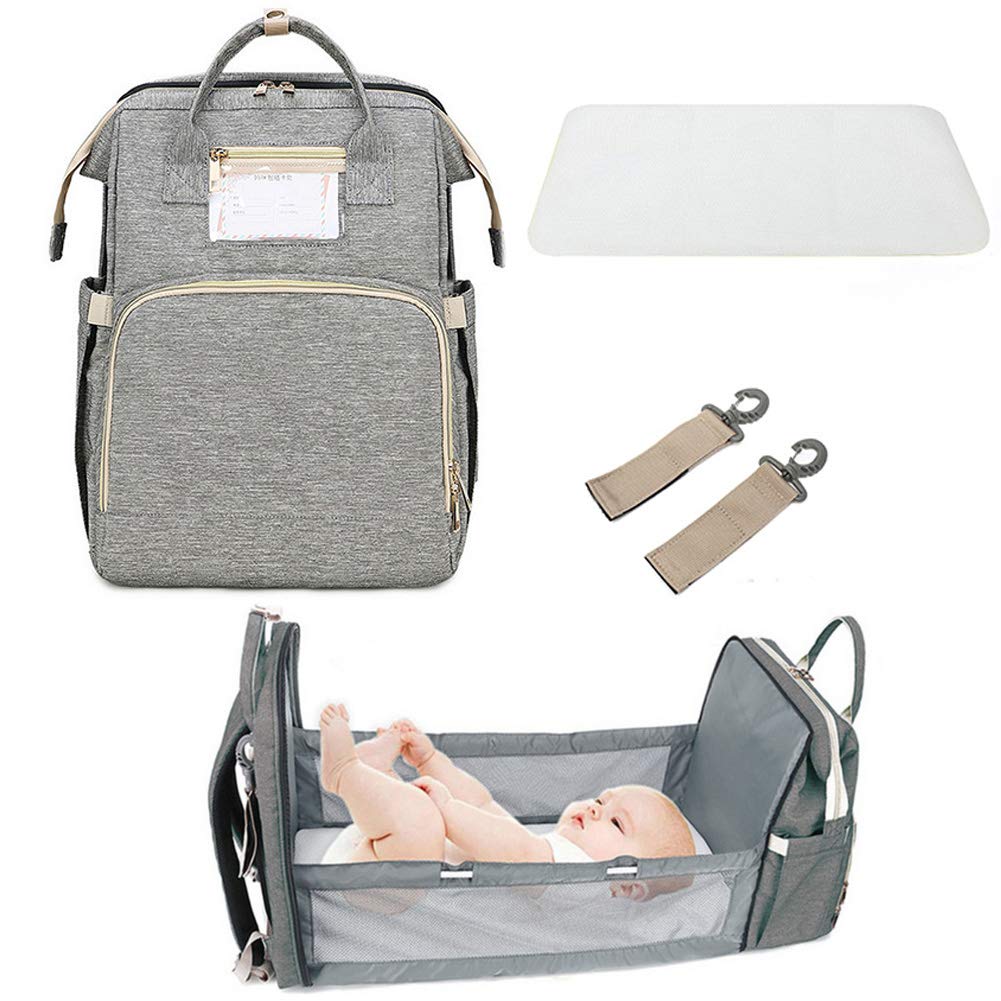 3 in 1 Travel Bassinet Foldable Baby Bed, Portable Diaper Changing Station Mummy Bag Backpack, Portable Bassinets for Baby and Toddler, Travel Crib Infant Sleeper, Baby Nest with Mattress (Gray)