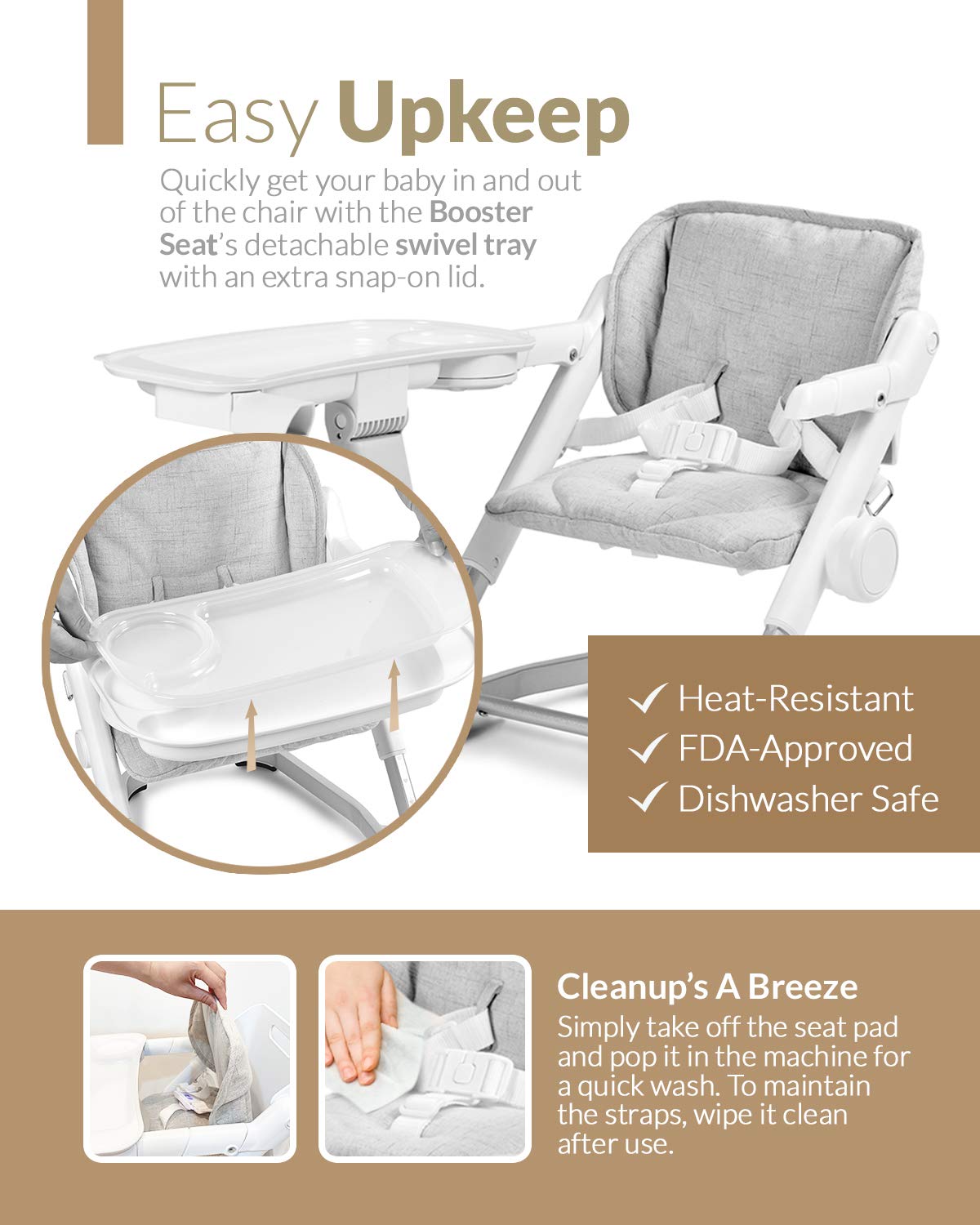 Unilove Feed Me 3-in-1 Travel Booster Seat | Adjustable with Detachable Tray, Lid and Carry Bag, 3-Way Security Safety Harness, Ergonomic & Comfortable Cushion to Support Babies and Toddlers, Grey