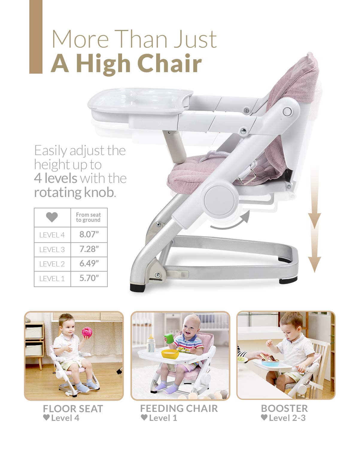 Unilove Feed Me 3-in-1 Travel Booster Seat | Adjustable with Detachable Tray, Lid and Carry Bag, 3-Way Security Safety Harness, Ergonomic & Comfortable Cushion to Support Babies and Toddlers, Pink