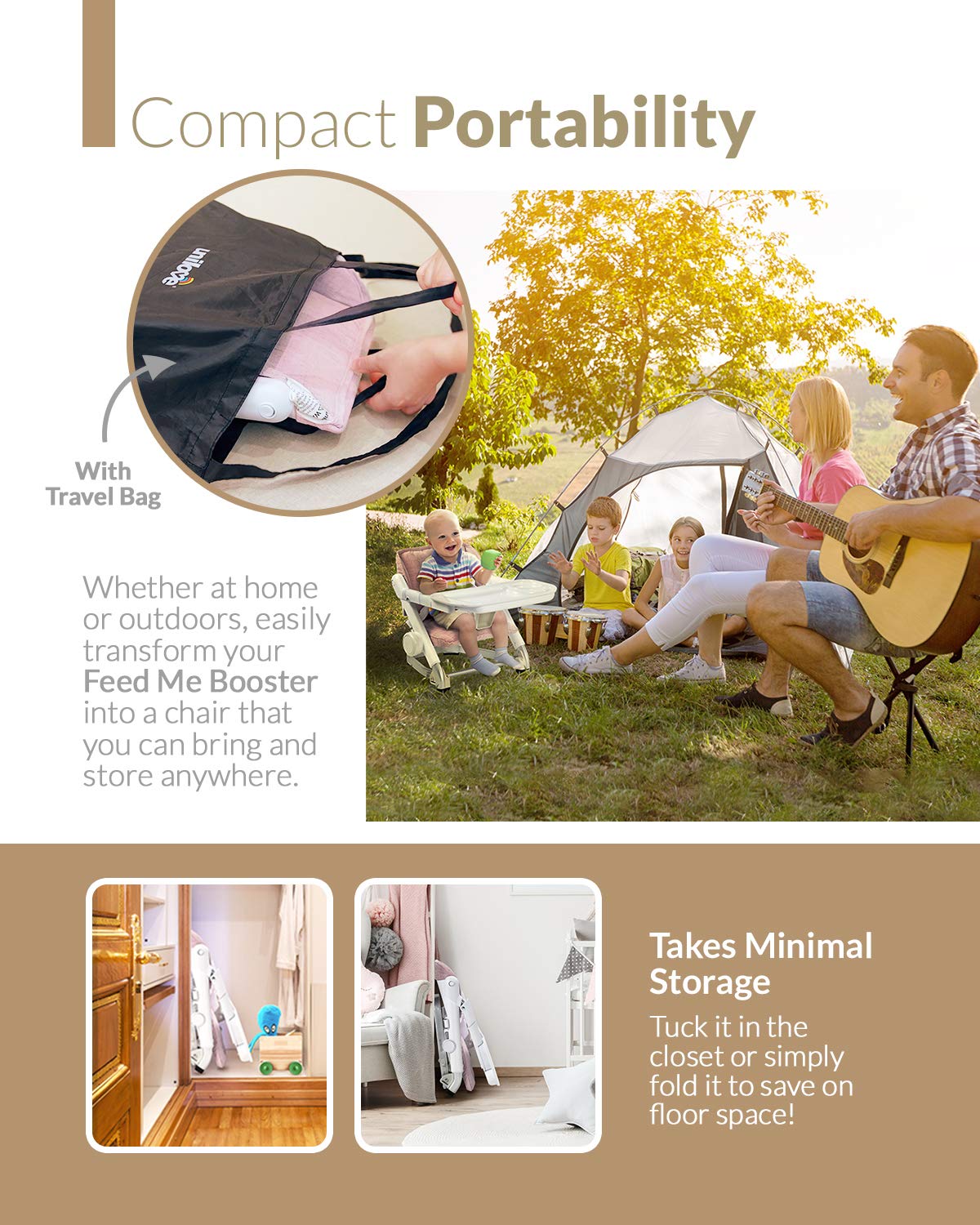 Unilove Feed Me 3-in-1 Travel Booster Seat | Adjustable with Detachable Tray, Lid and Carry Bag, 3-Way Security Safety Harness, Ergonomic & Comfortable Cushion to Support Babies and Toddlers, Pink