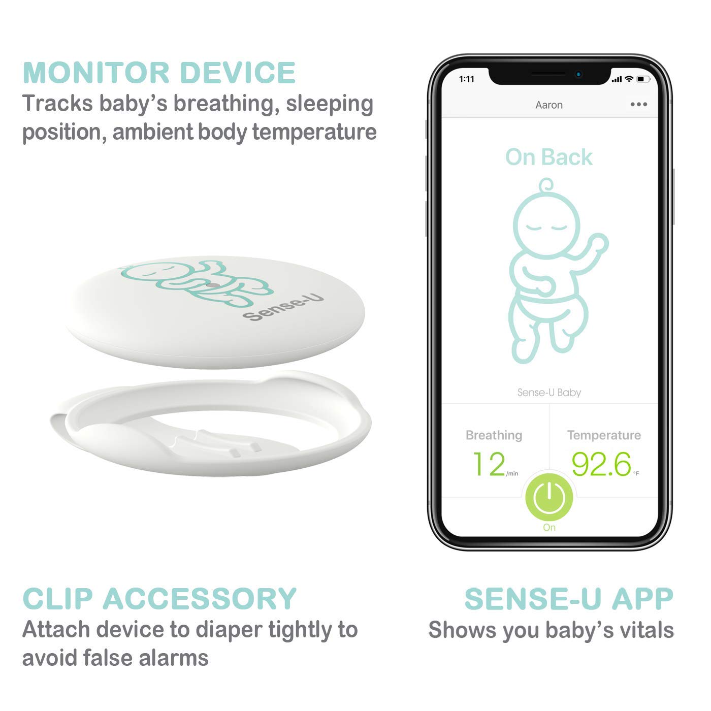 Sense-U Baby Monitor with Breathing Rollover Movement Temperature Sensors: Track Your Baby's Breathing, Rollover, Temperature