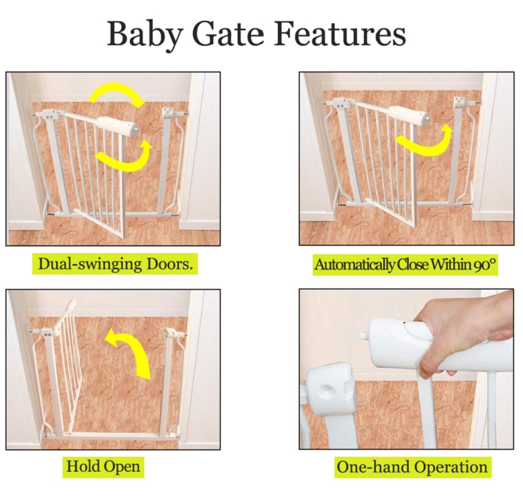 ALLAIBB Walk Through Baby Gate Auto Close Tension White Metal Child Pet Safety Gates with Pressure Mount for Stairs,Doorways and Baniste 62.2-66.9 in