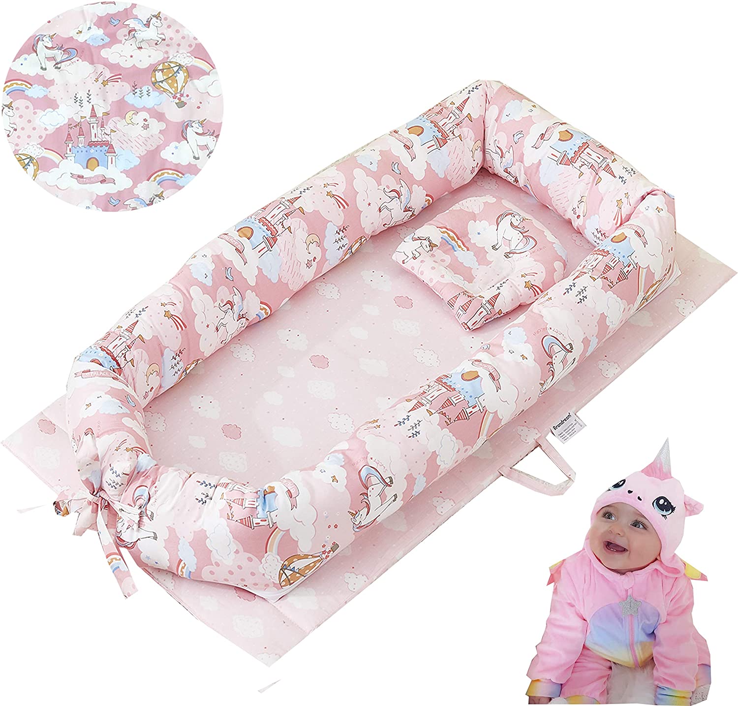 Brandream Baby Nest Bed Unicorn, Pink Newborn Lounger Portable Baby Bassinet Crib for Travel