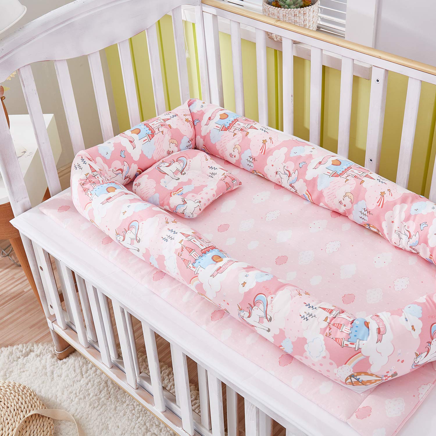 Brandream Baby Nest Bed Unicorn, Pink Newborn Lounger Portable Baby Bassinet Crib for Travel