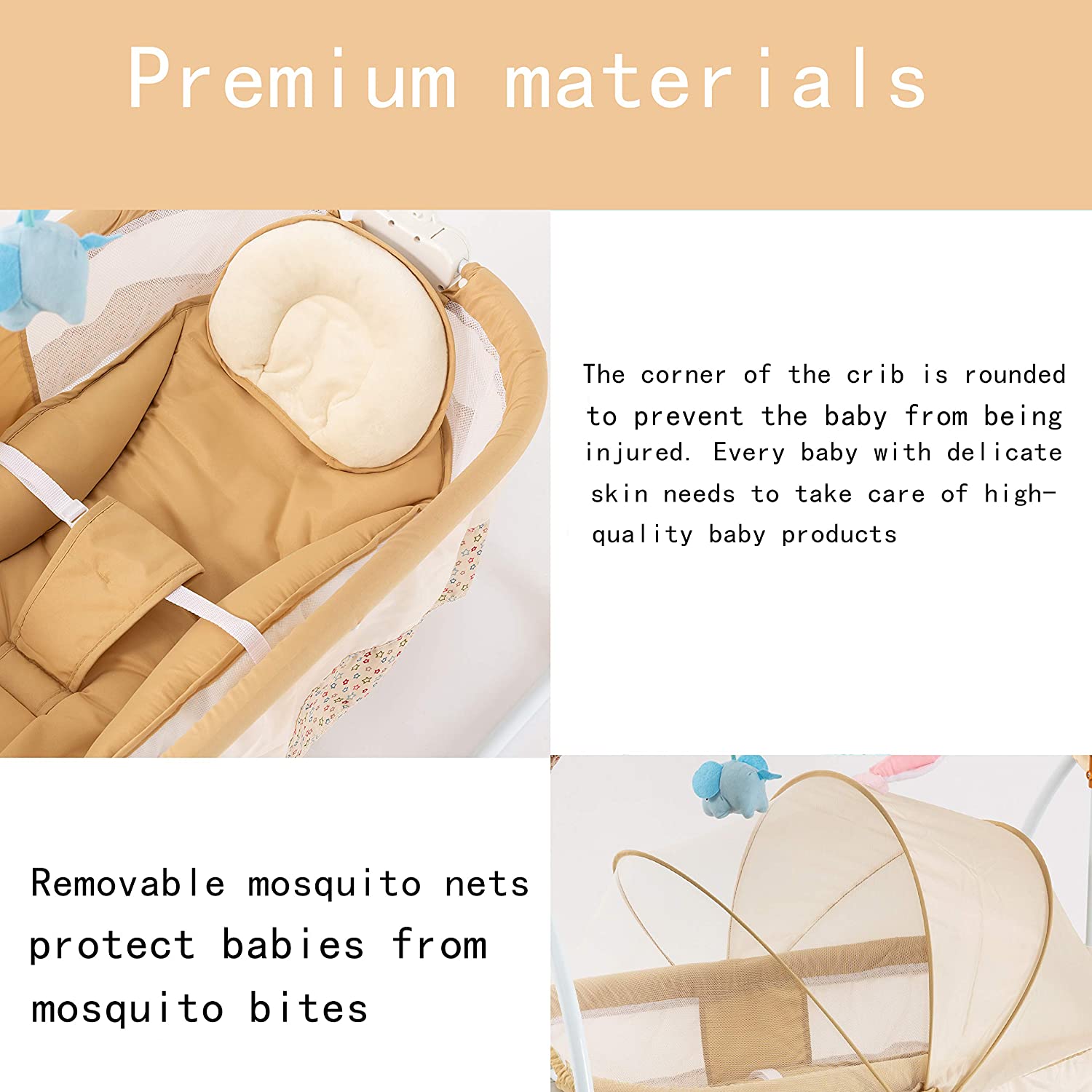 Bedside Bassinet - Portable Crib Easy to Assemble Rocking Bassinet with Breathable Net Detachable Washable Mattress