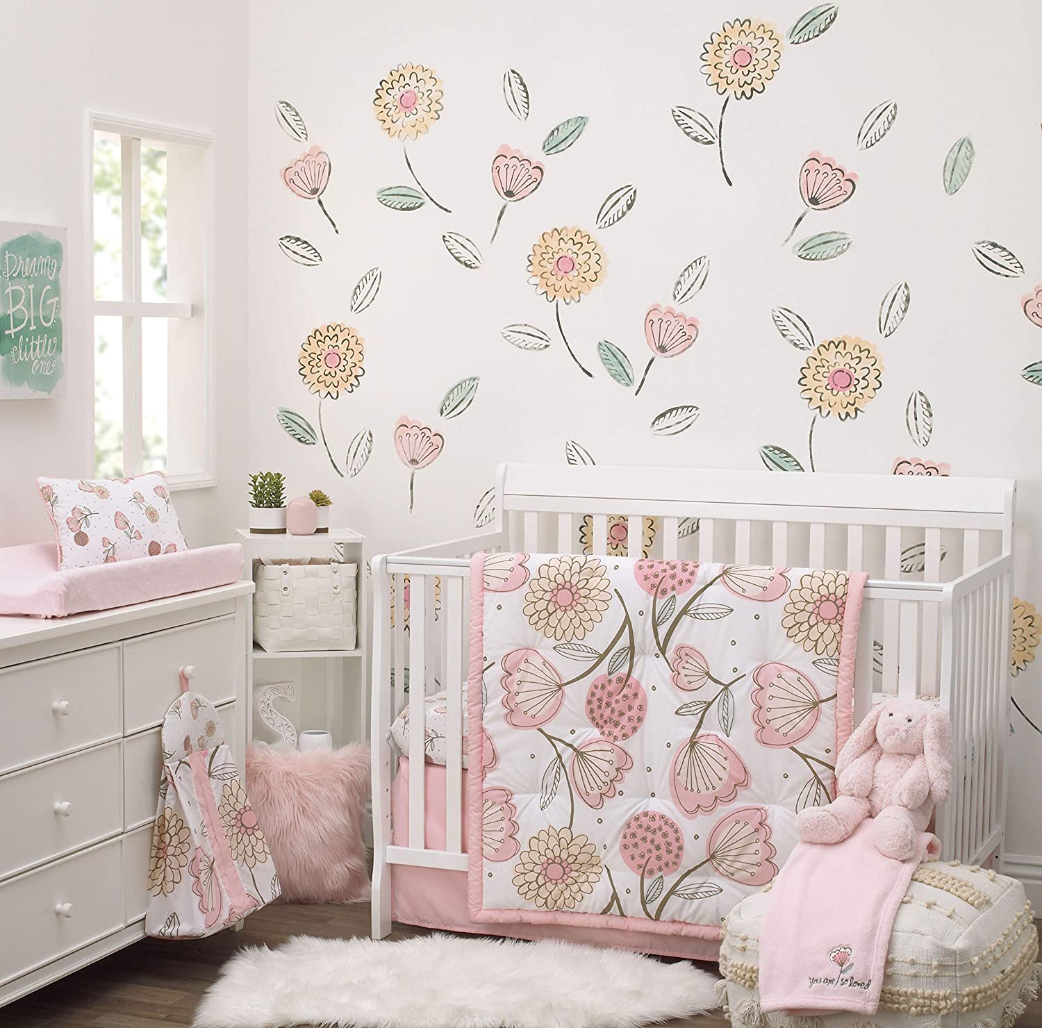 NoJo Beautiful Floral - Pink, Grey, White 10 Piece Crib Nursery Bedding Set