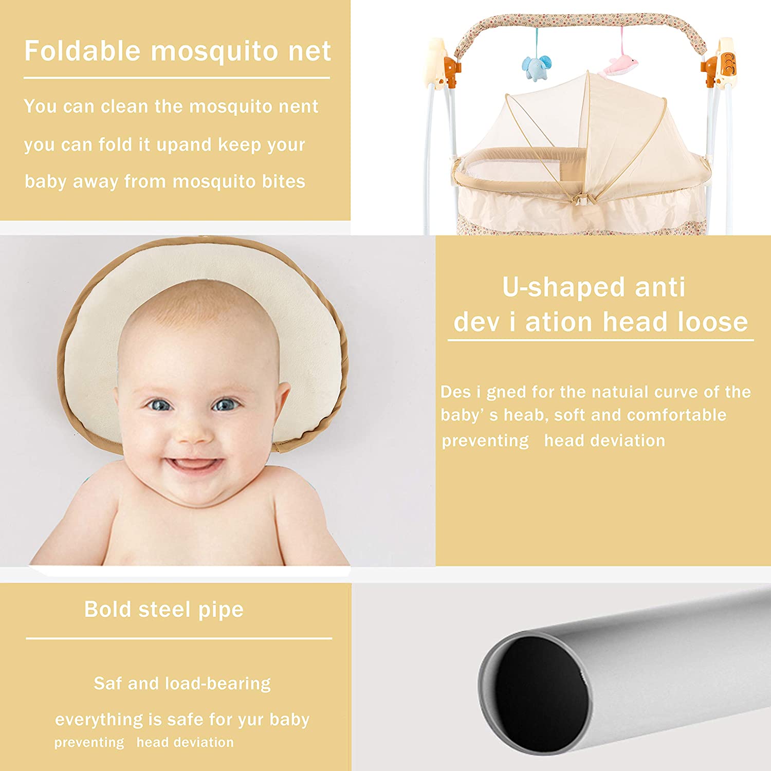 Bedside Bassinet - Portable Crib Easy to Assemble Rocking Bassinet with Breathable Net Detachable Washable Mattress