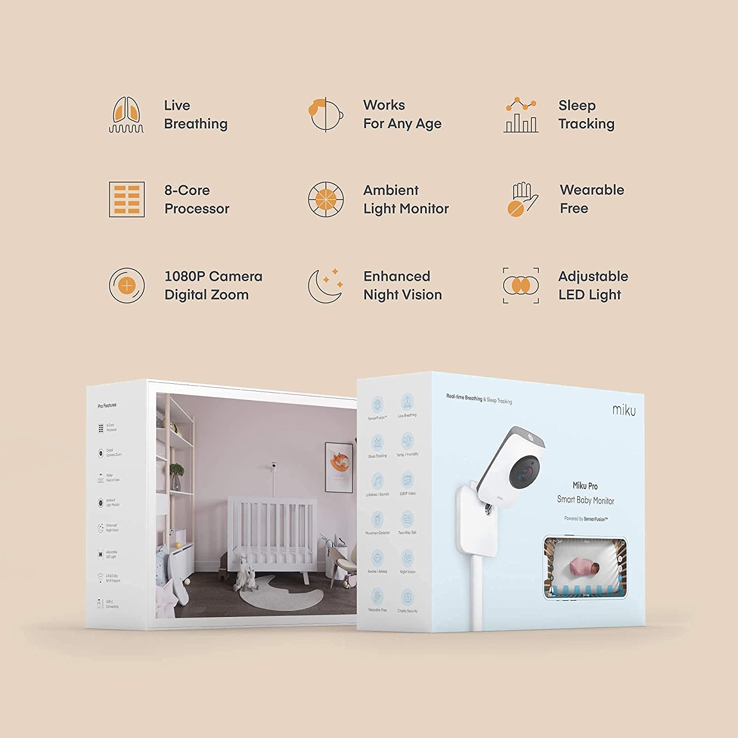 New Miku Pro Smart Baby Monitor & Wall Mount: HD Video Baby Monitor with Camera & Audio, Real-Time, Contact-Free Breathing & Sleep Tracking - Night Vision, Humidity & Temperature - Two-Way Talk, Sound