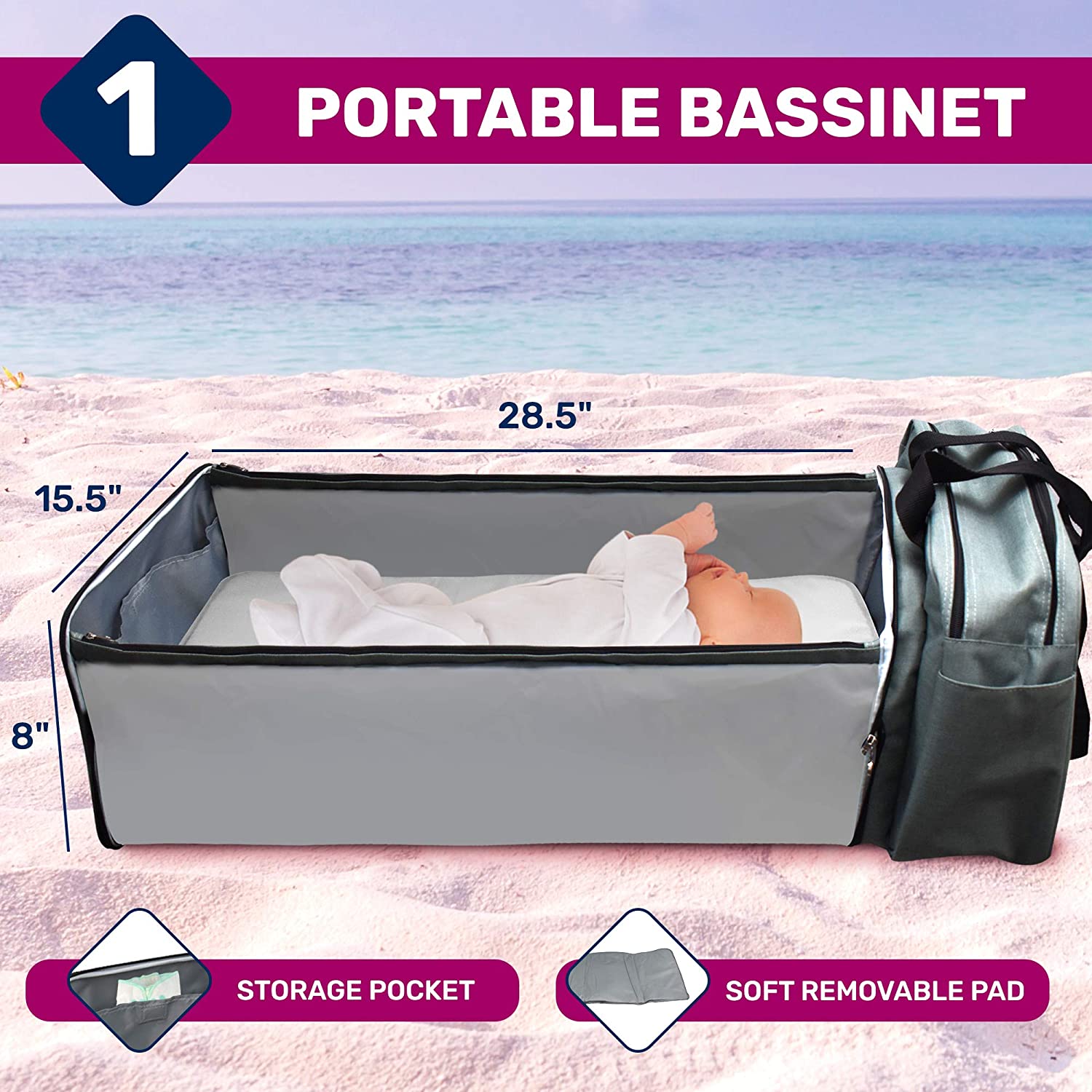 Scuddles 3-1 Portable Bassinet for Baby - Foldable Baby Bed - Travel Bassinet Functions As Diaper Bag