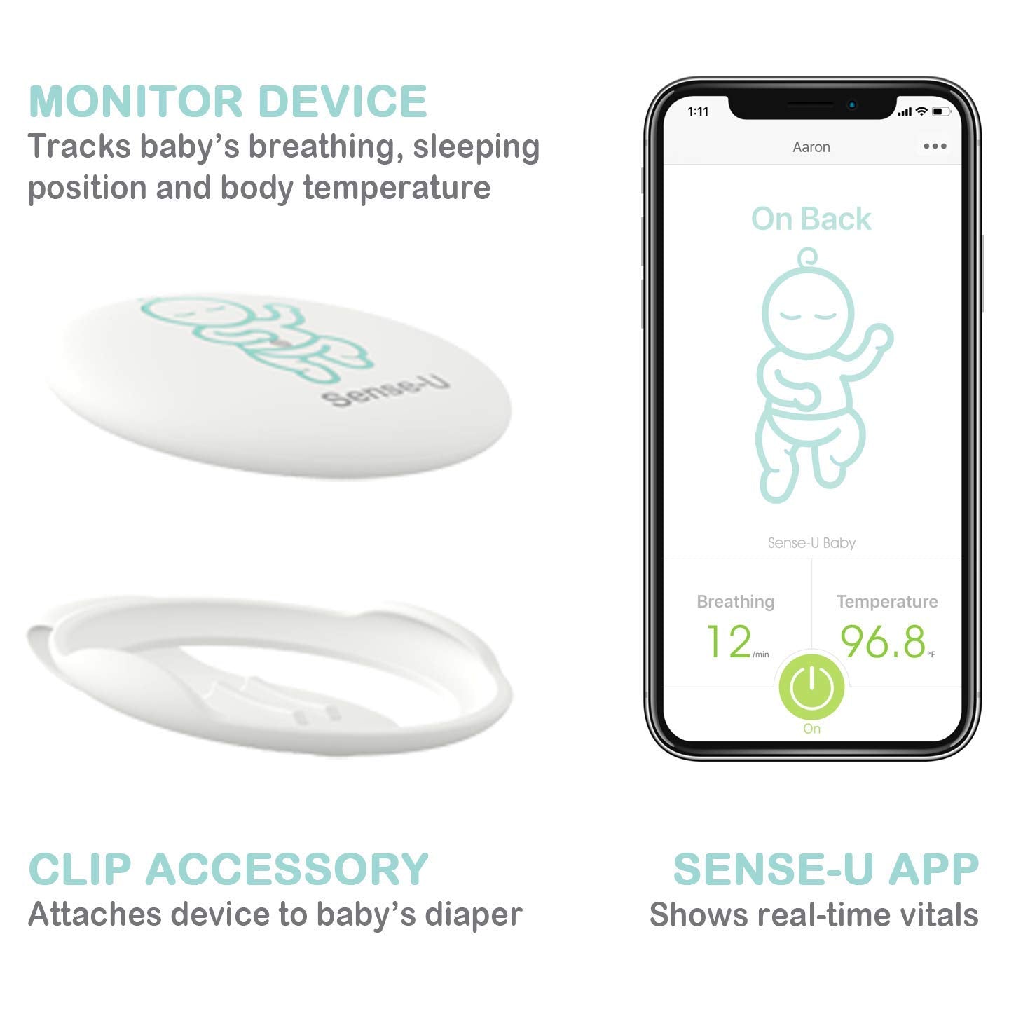 (2020 New Model) Sense-U Baby Monitor with Breathing Rollover Movement Body Temperature Sensors: Track Your Baby's Breathing, Rollover