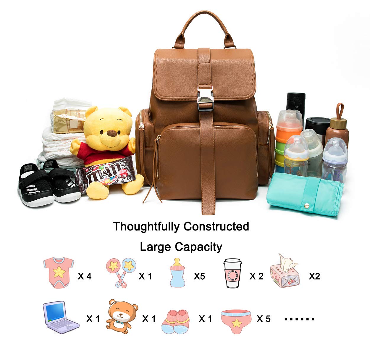 Diaper Bag Backpack by Mominside, Leather Backpack for Women, Travel Backpack Baby Bag with 15 Pockets, Changing Pad