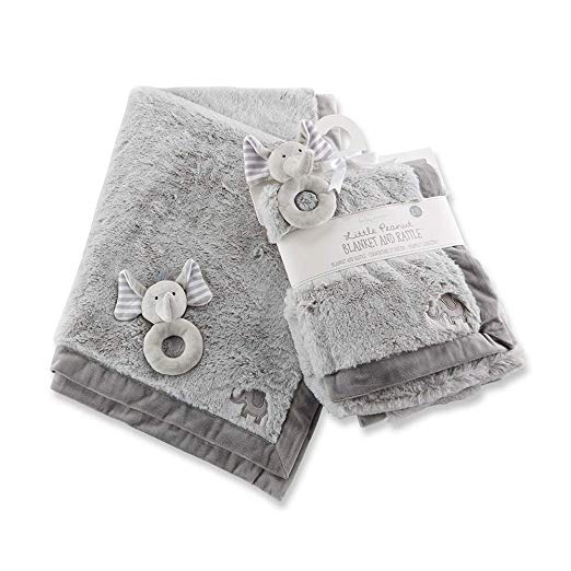 Baby Aspen Little Peanut Elephant Blanket and Rattle Set, Grey/White