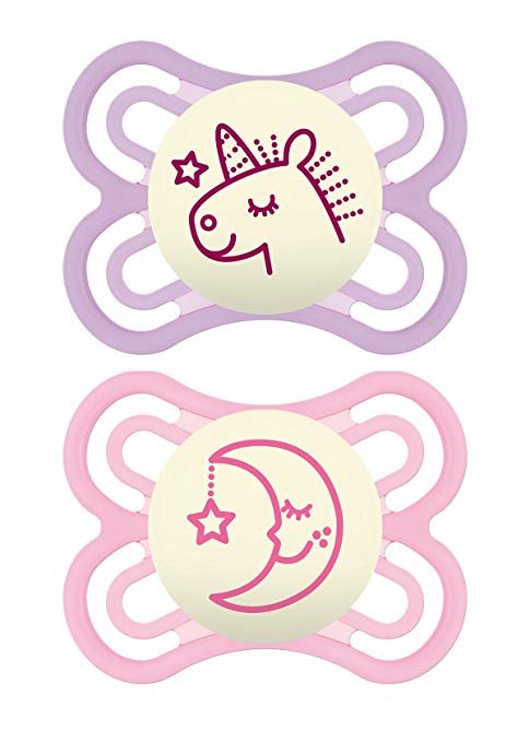 MAM Glow in The Dark Pacifiers, Baby Pacifier 0-6 Months, Best Pacifier for Breastfed Babies, Premium Comfort and Oral Care 'Perfect' Collection, Girl, 2-Count