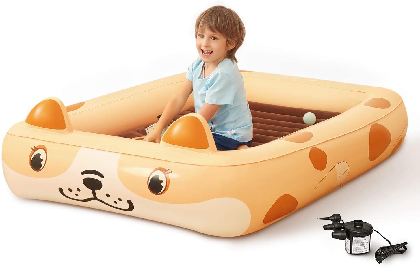 Kids Inflatable Toddler Travel Bed Cartoon Dog, Portable Kids Air Mattress, Integrated Blow Up Airbed with 4-Sided Safety Bumpers