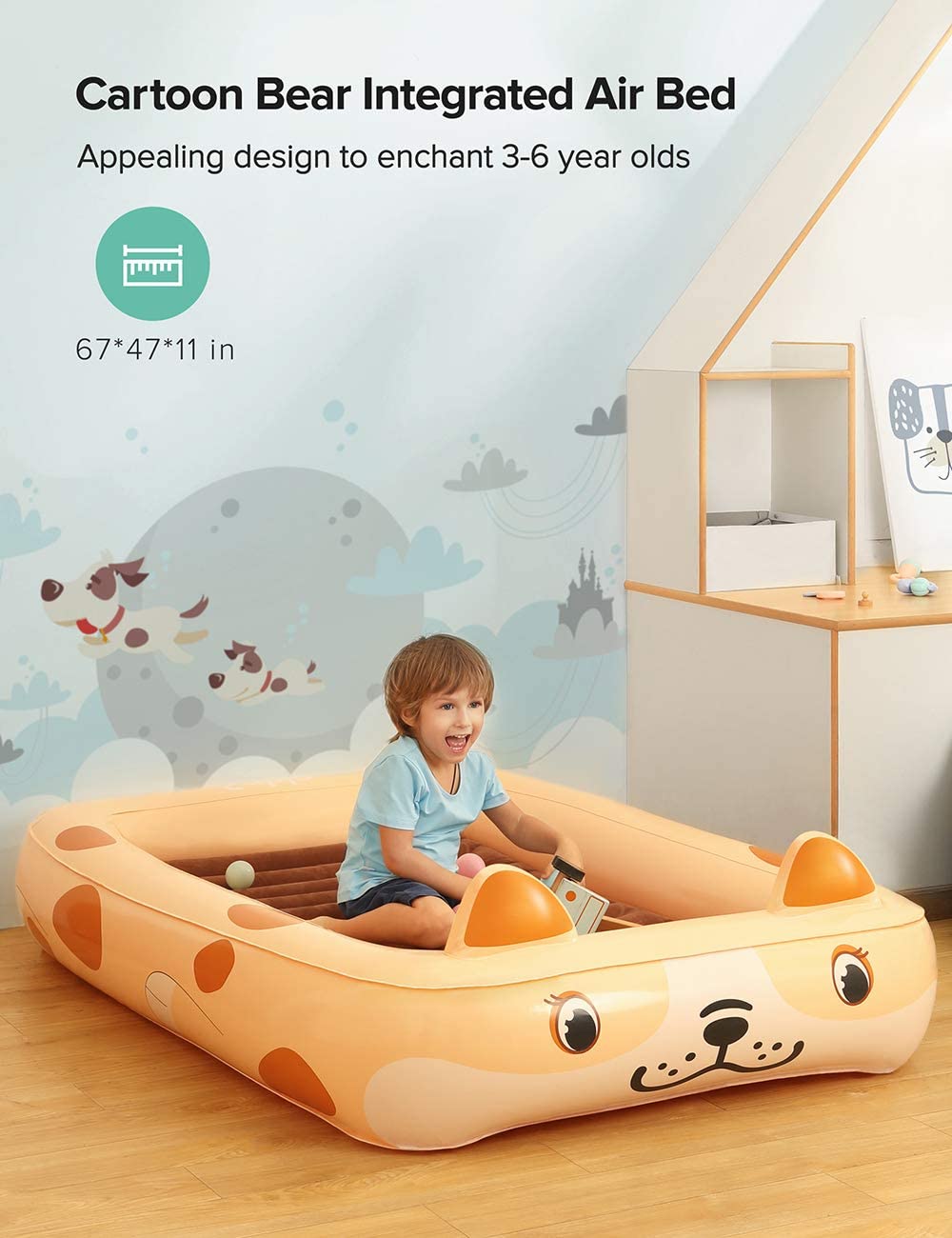 Kids Inflatable Toddler Travel Bed Cartoon Dog, Portable Kids Air Mattress, Integrated Blow Up Airbed with 4-Sided Safety Bumpers