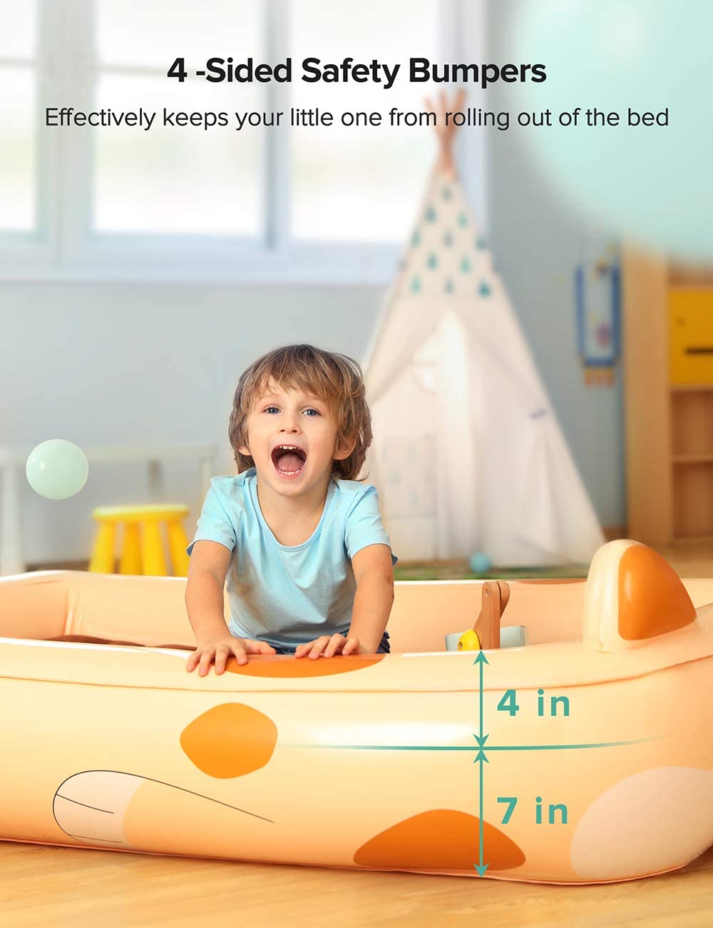 Kids Inflatable Toddler Travel Bed Cartoon Dog, Portable Kids Air Mattress, Integrated Blow Up Airbed with 4-Sided Safety Bumpers
