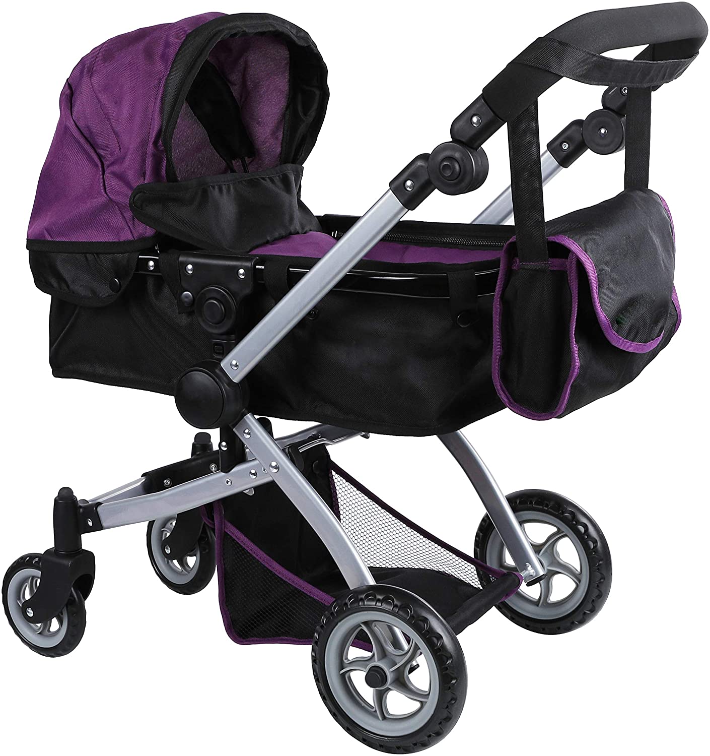Babyboo Deluxe Doll Pram Color Purple & Black with Swiveling Wheels Stroller with Carriage Bag - 9651B PRP