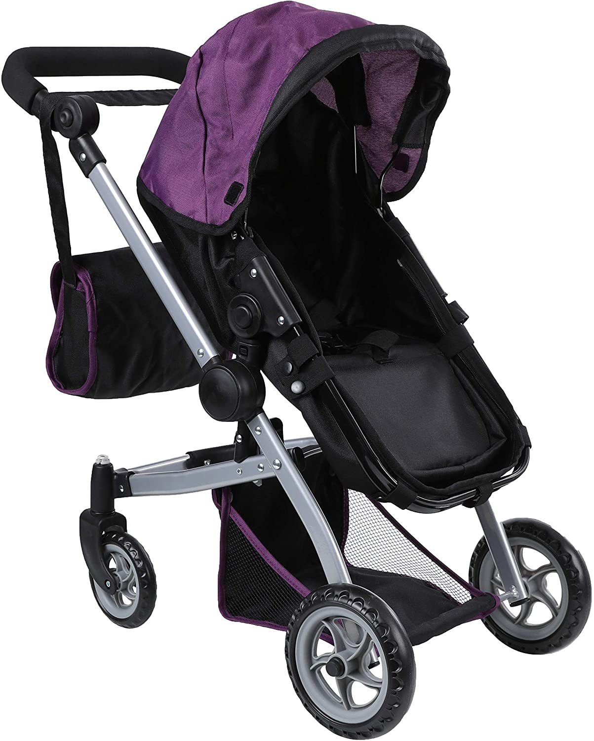 Babyboo Deluxe Doll Pram Color Purple & Black with Swiveling Wheels Stroller with Carriage Bag - 9651B PRP