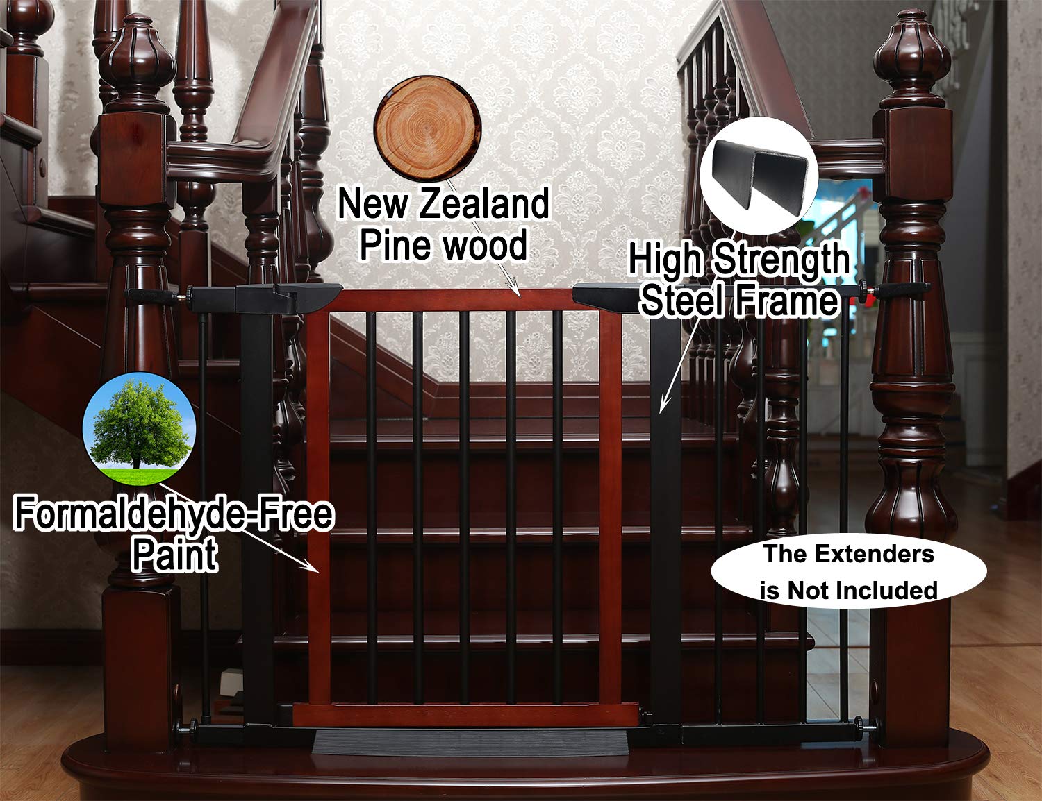 Baby Gate/Baby Gate for Stair with Banisters/Pet Gate, Fit Stairway or Doorway, Extendable, Auto Close, Pressure Mount (Metal)